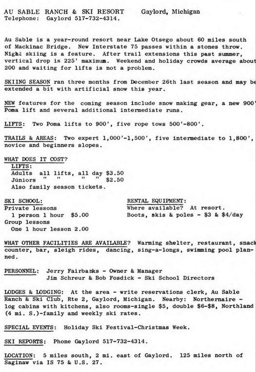 Au Sable Ranch and Ski Resort (Au Sable Ski Ranch) - Fact Sheet